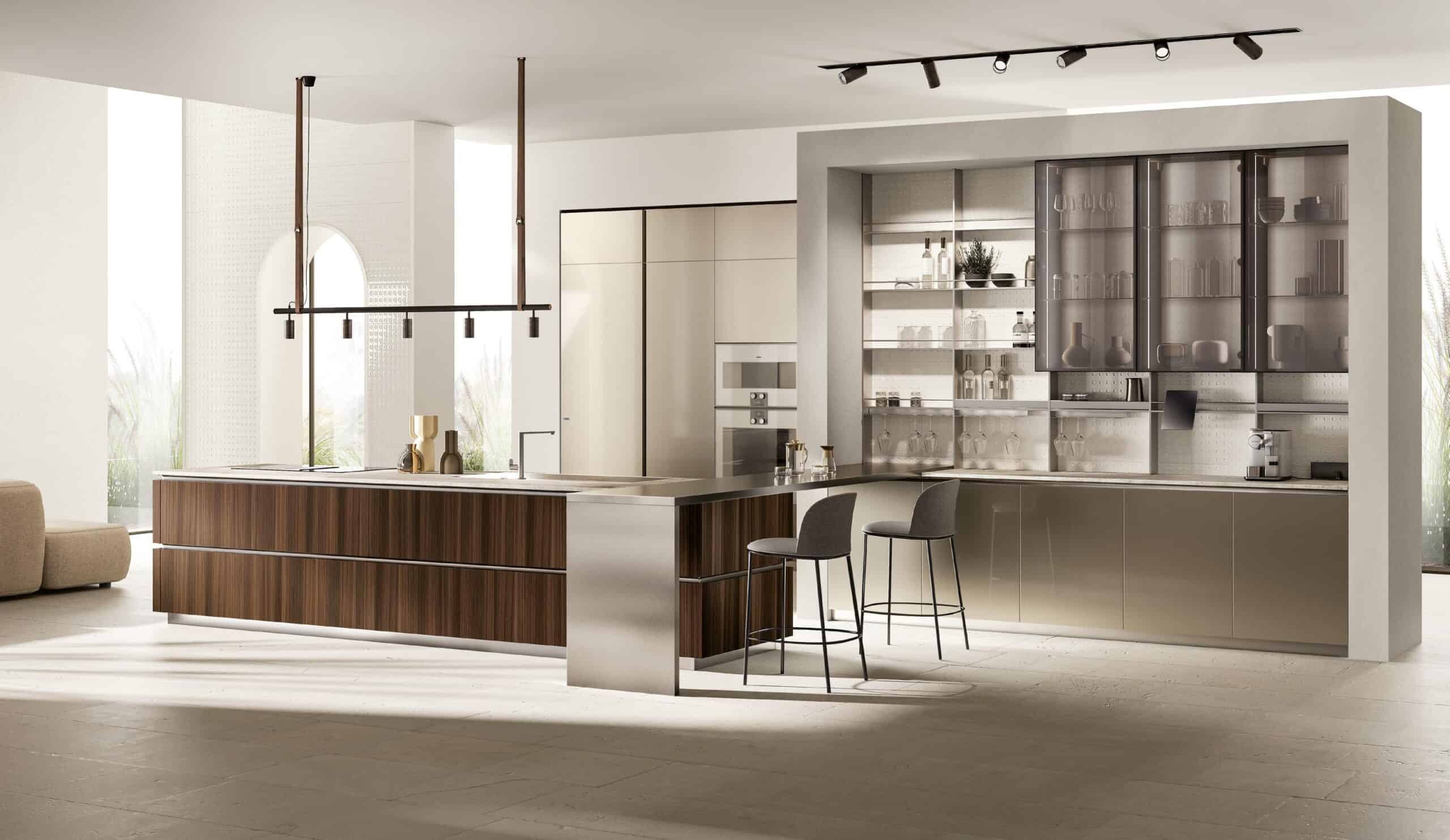 Modern kitchen with a wooden island, sleek countertops, bar stools, open shelving, and integrated appliances.
