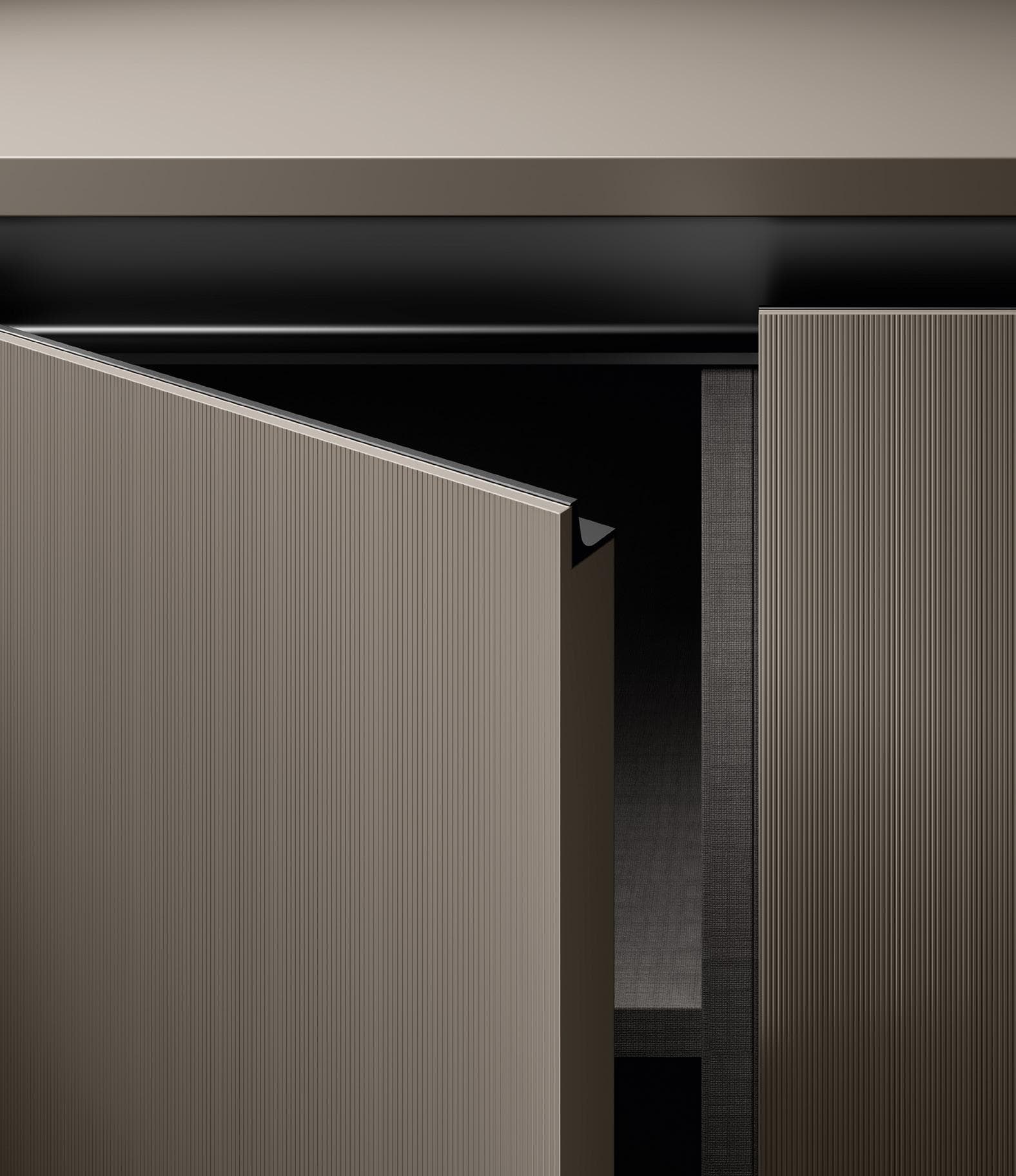 Alt text: "Open dark-toned modern cabinet with ribbed texture and a shadowed interior."