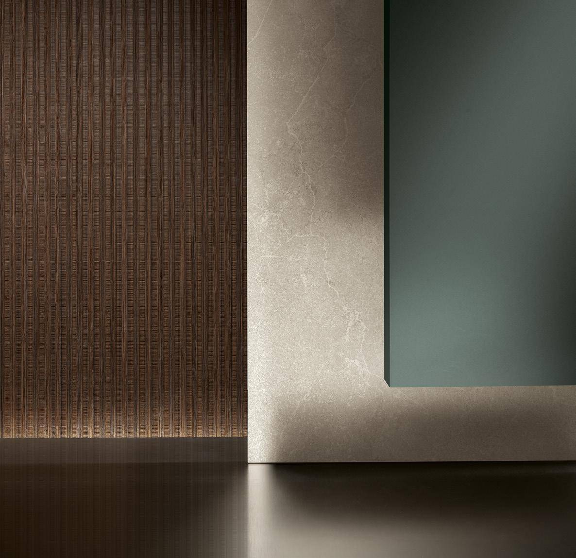 A textured brown wall panel meets a smooth, light beige surface with a green accent wall, creating a modern and minimalistic design.