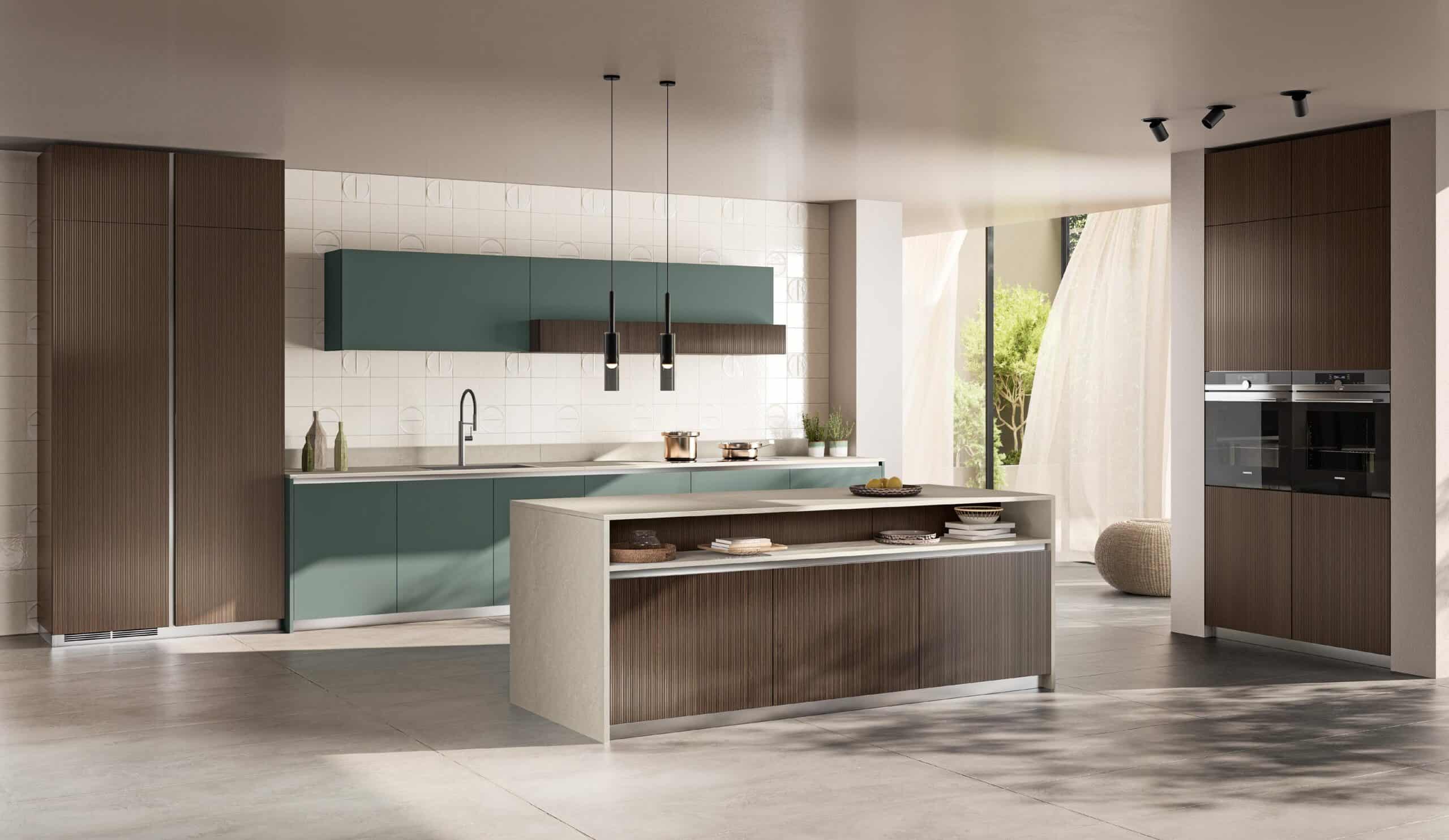 Modern kitchen with teal and wood cabinets, a central island, pendant lights, and large windows.
