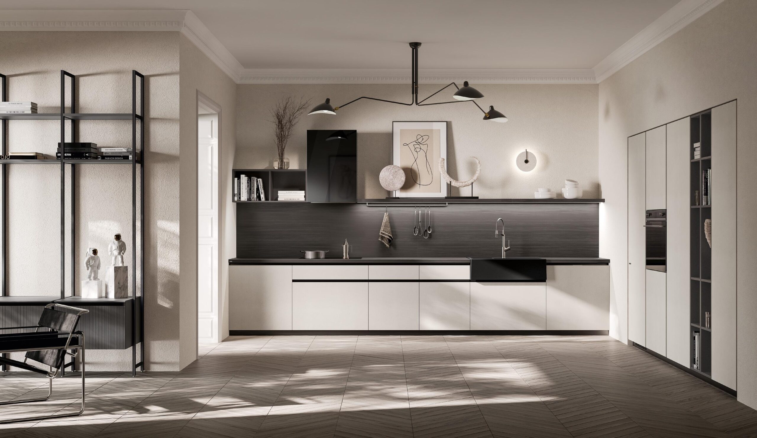 Modern kitchen interior with minimalist design, featuring white and black cabinetry, a sleek faucet, wall-mounted shelves with books and decor, a stylish black and white legged chair, and contemporary lighting fixtures.