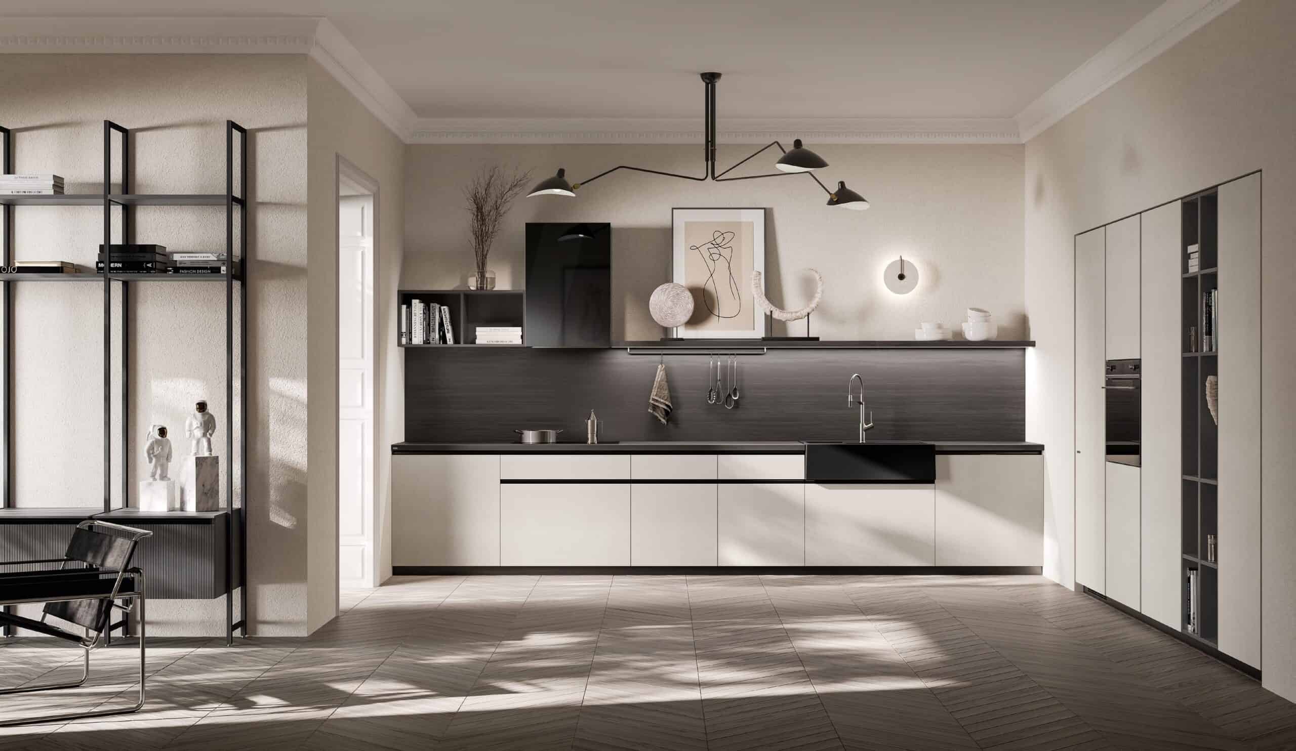 Modern kitchen with minimalist design, featuring white cabinets, black countertops, open shelving with decorative items and books, a wall-mounted lamp, and a sleek black chandelier.