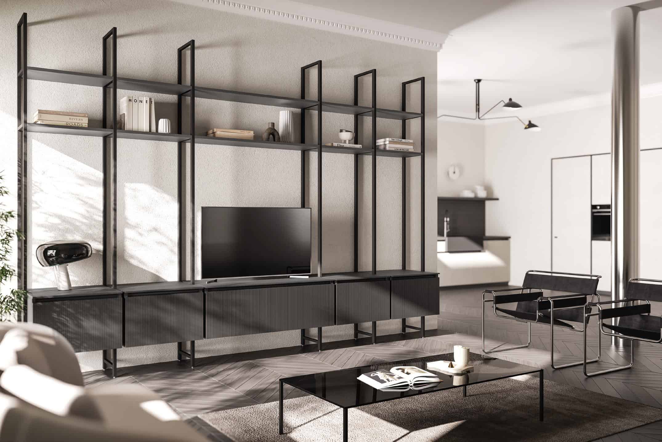 Modern living room with a black metal and wood entertainment unit, minimalist decor, and neutral colors, featuring a wall-mounted TV and sleek furniture.