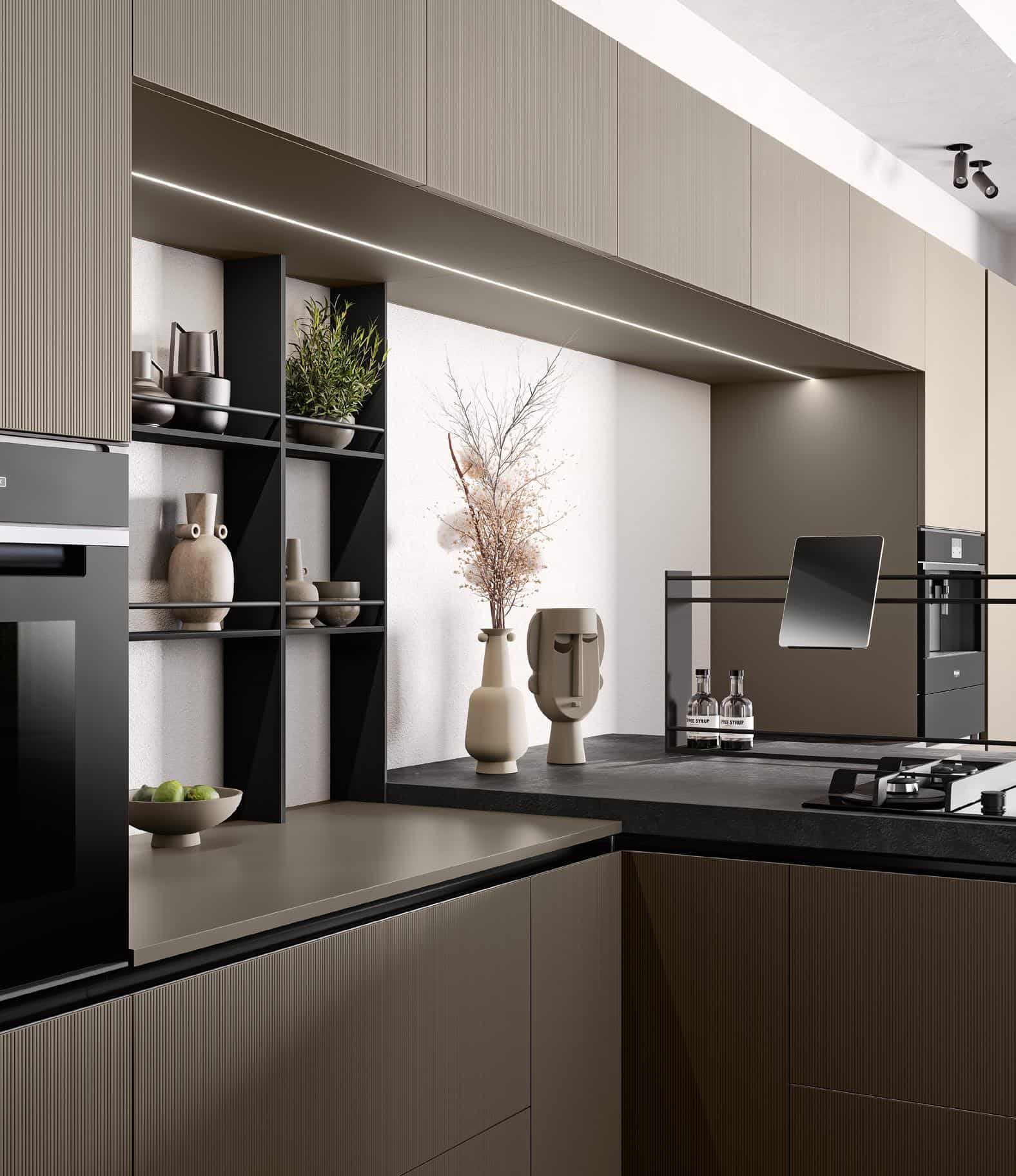 Modern kitchen with light brown cabinetry, black countertops, open shelving with vases and greenery, built-in oven, and gas stove.