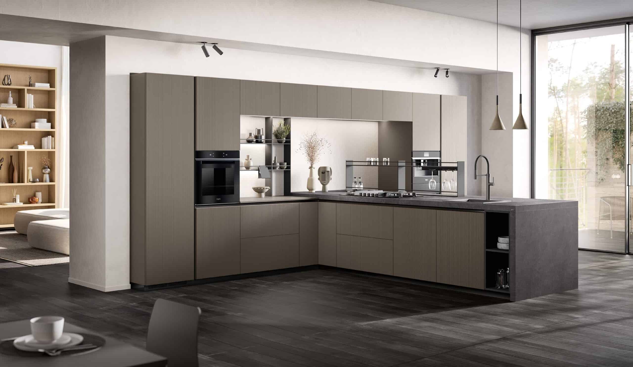 Modern kitchen with dark cabinetry, built-in appliances, a grey kitchen island, and minimalist decor. Large windows provide natural light, with pendant lights hanging over the island.