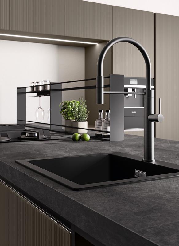 Modern kitchen with a black sink and faucet, dark countertop, and minimalist shelving with plants and small green limes.