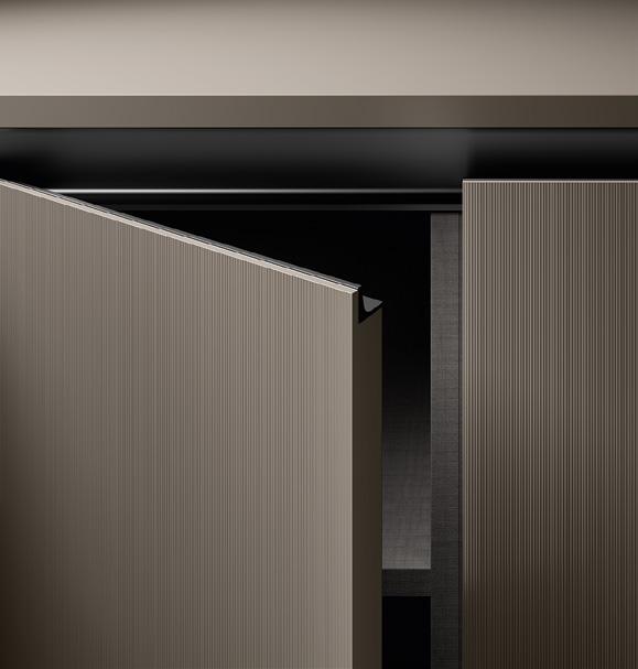 Close-up of partially opened modern, textured beige closet doors.