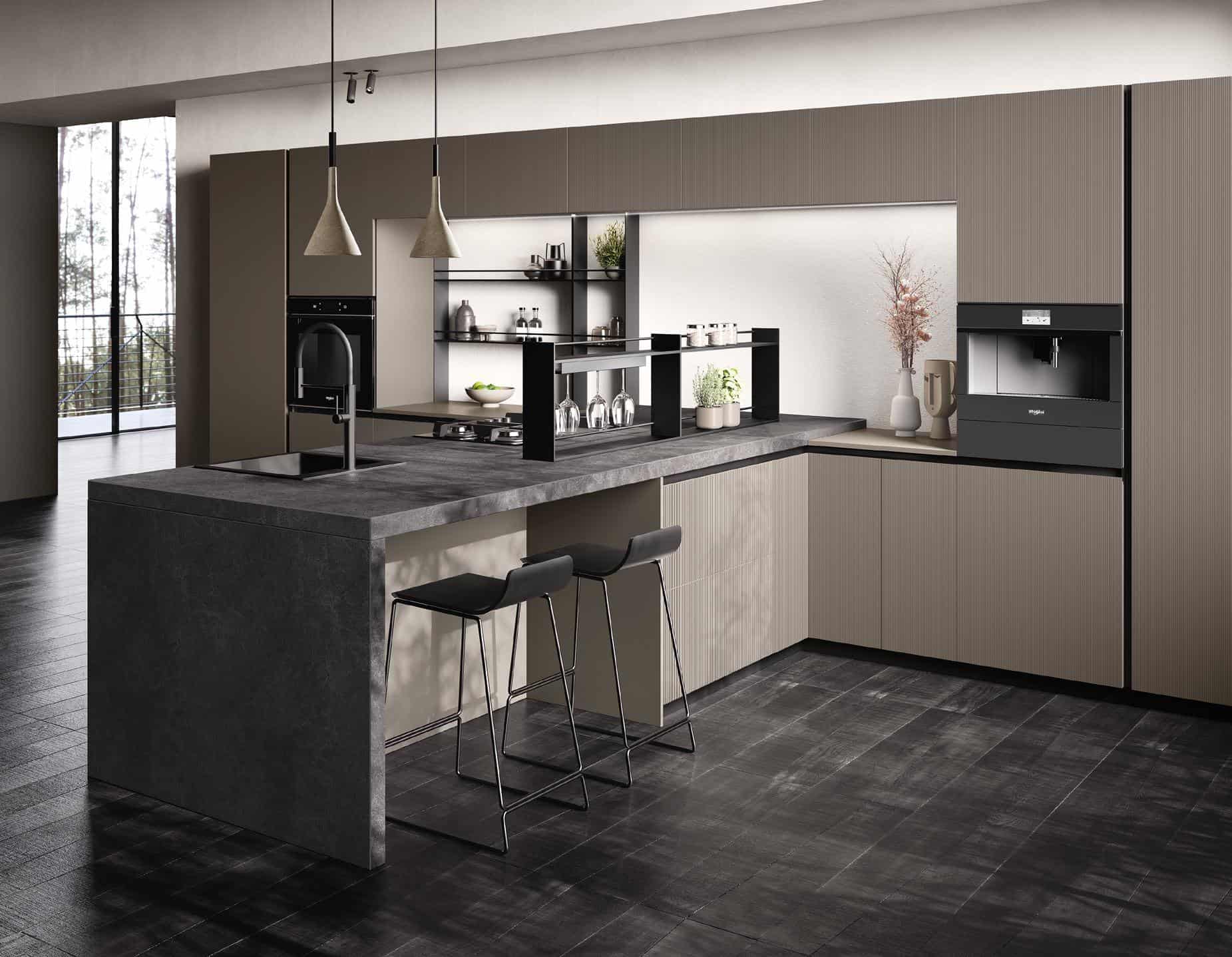 Modern kitchen with a large island, bar stools, pendant lighting, and built-in appliances, featuring dark and neutral color tones.