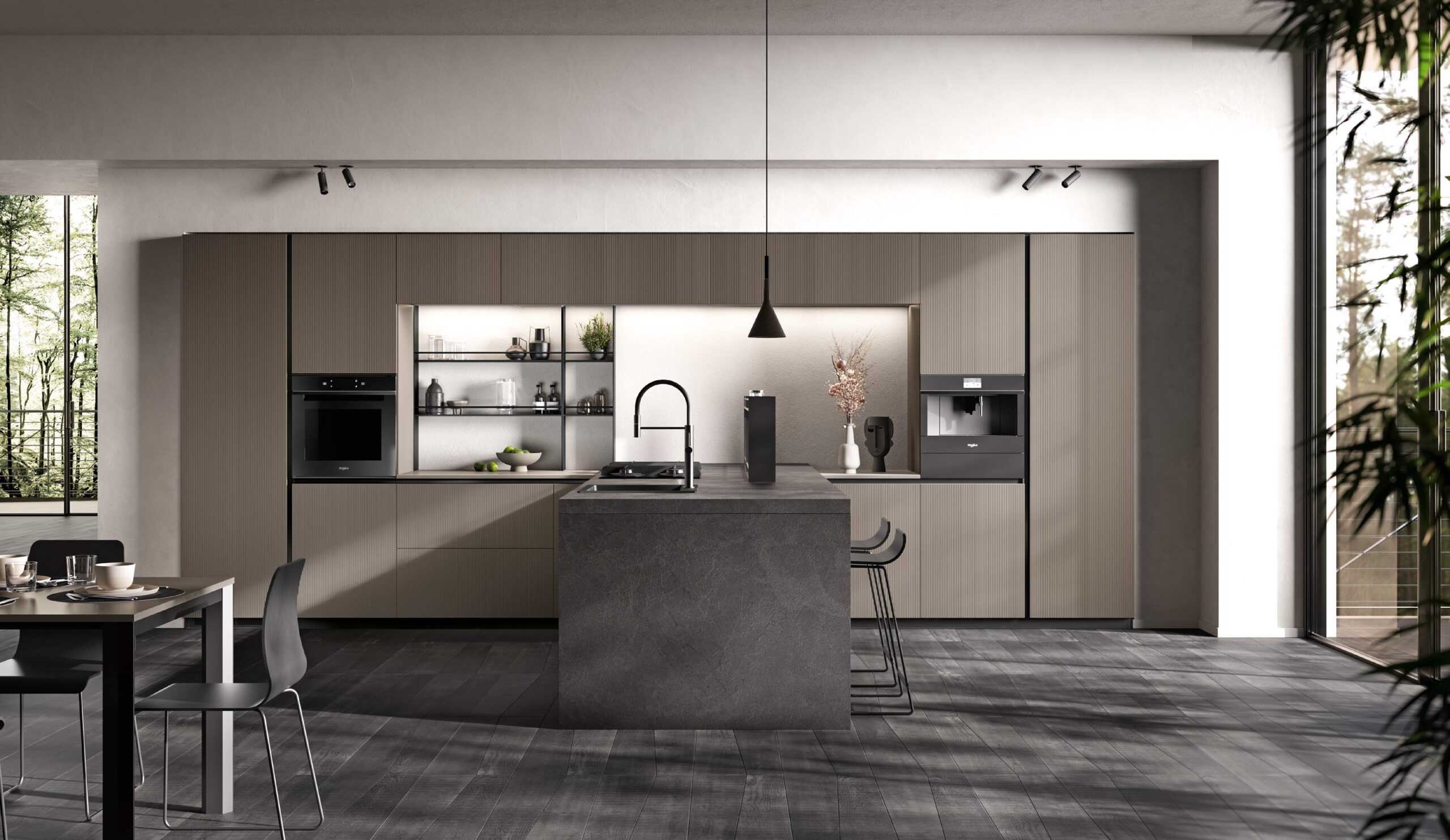 Modern kitchen with a large island, built-in appliances, open shelving, and sleek cabinetry in a spacious, light-filled room.