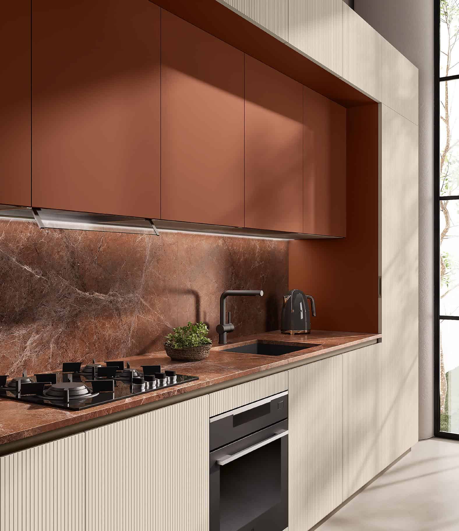 Modern kitchen with brown cabinets, marble backsplash and countertop, black sink faucet, built-in stove, oven, and kettle.