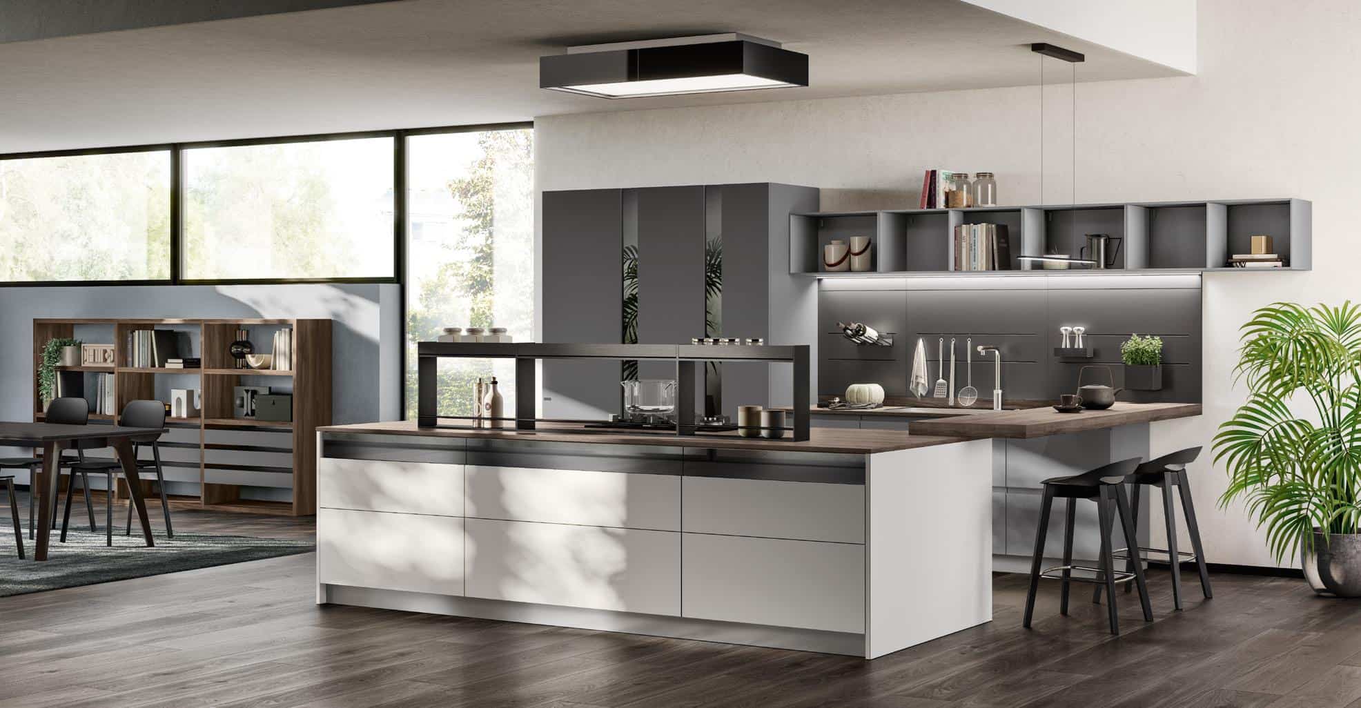 Modern kitchen interior with sleek cabinetry, a large island with a wooden countertop, minimalistic black chairs, and potted plant decor.