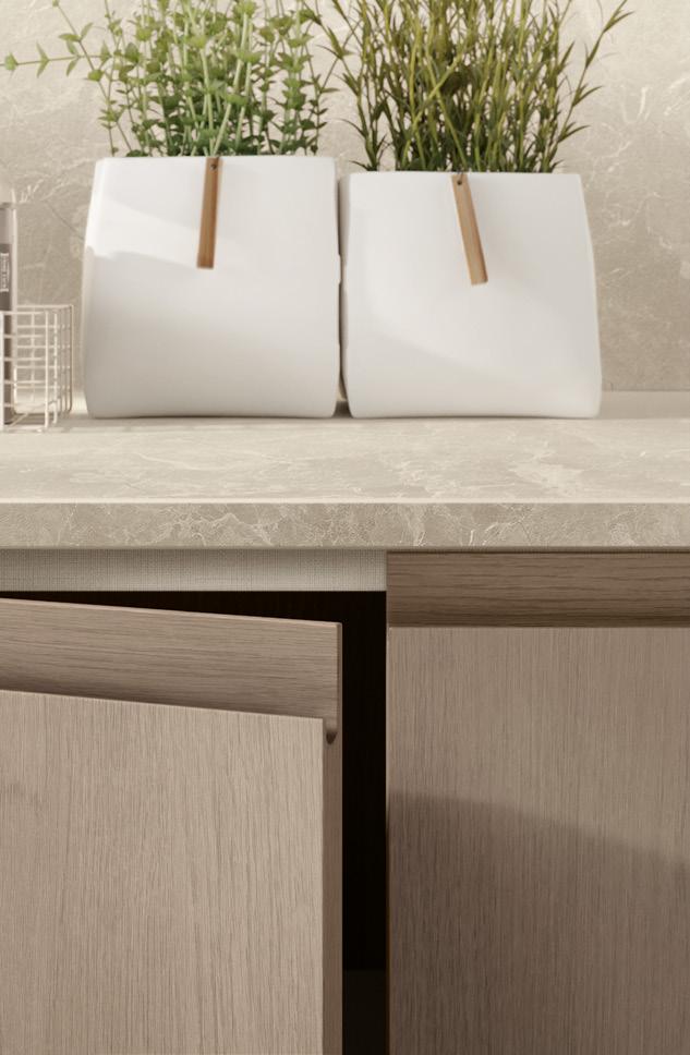 A countertop with two potted plants in white containers and wooden cabinet doors slightly open below.