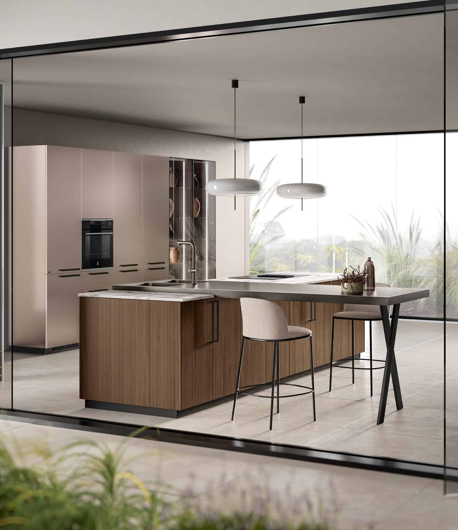 Modern kitchen with a central island, wood paneling, and minimalist design, featuring pendant lights and a large window with outdoor views.