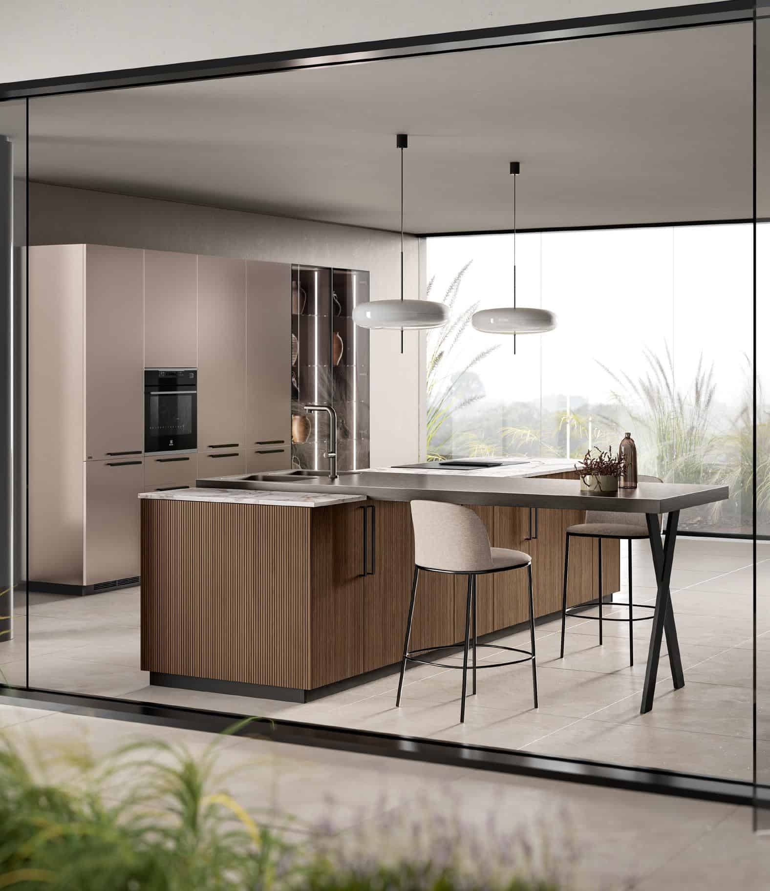 Modern kitchen interior with a wood-accented island, bar stools, and minimalist pendant lights, featuring large windows overlooking greenery.
