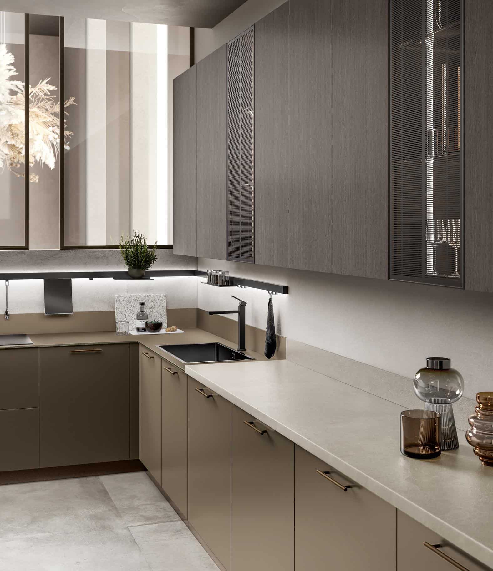 Modern kitchen interior with minimalist design featuring sleek cabinets, integrated appliances, and a neutral color palette.
