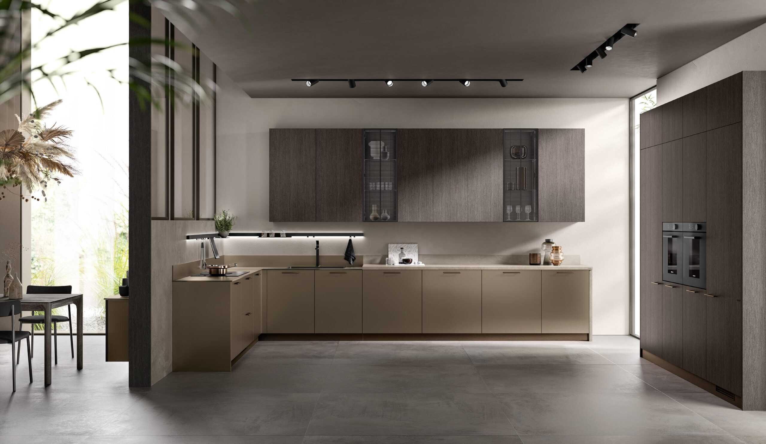 Modern kitchen interior with wooden cabinets, built-in appliances, and a dining table by large windows.