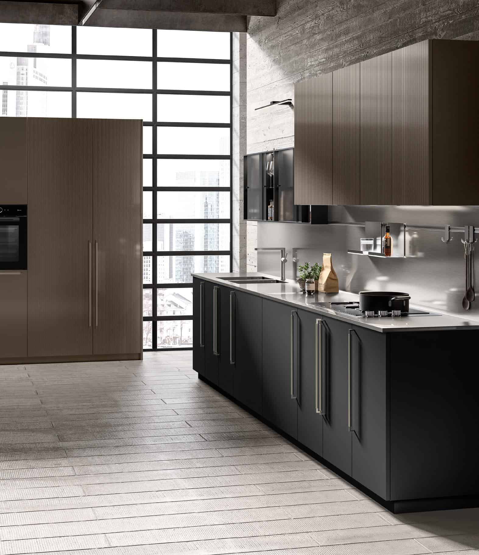 Modern kitchen interior with sleek cabinetry, large industrial windows, and a city view.