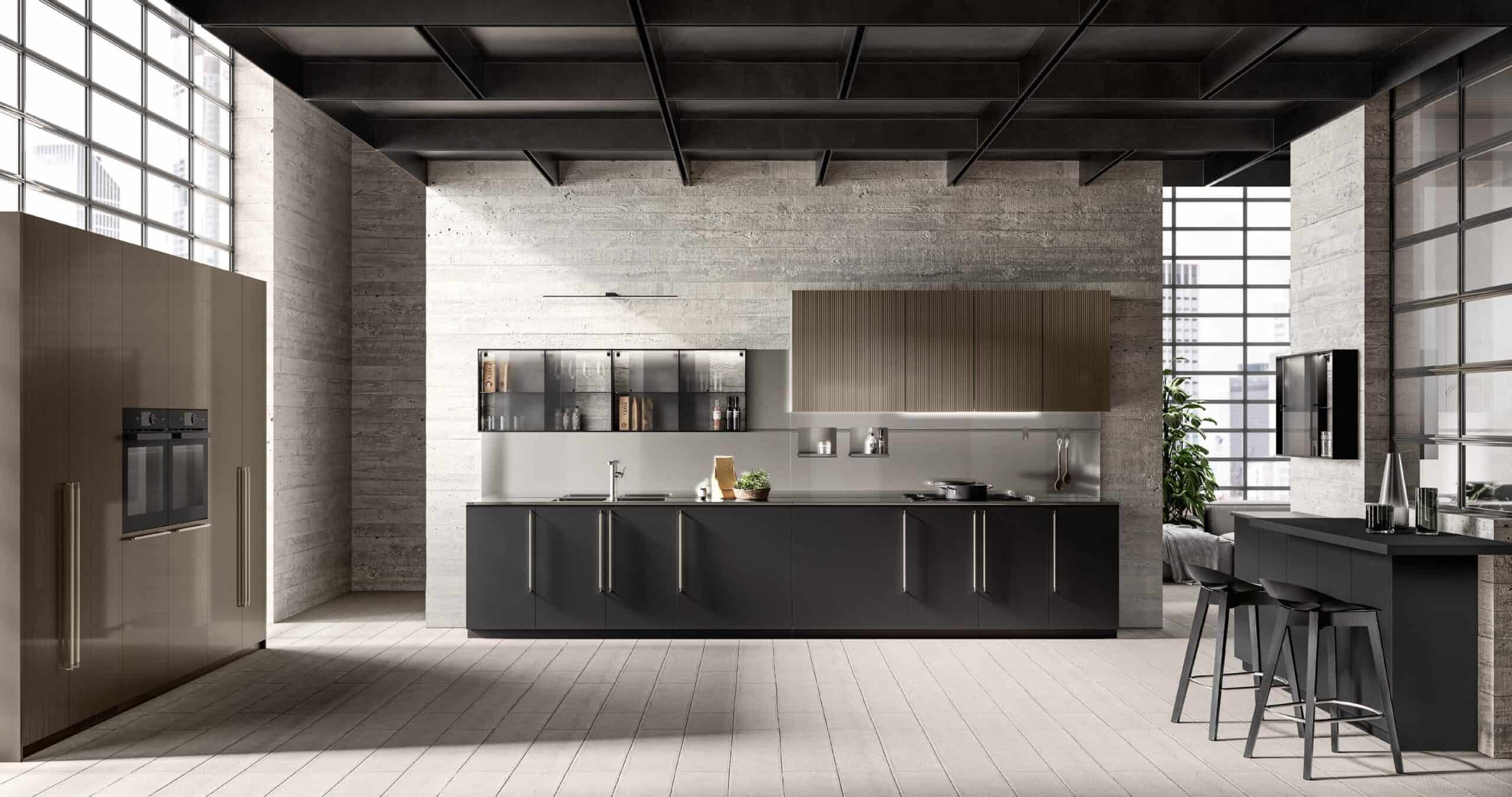 Modern kitchen with sleek, dark cabinetry, a central island with bar stools, stainless steel appliances, and large windows providing natural light.