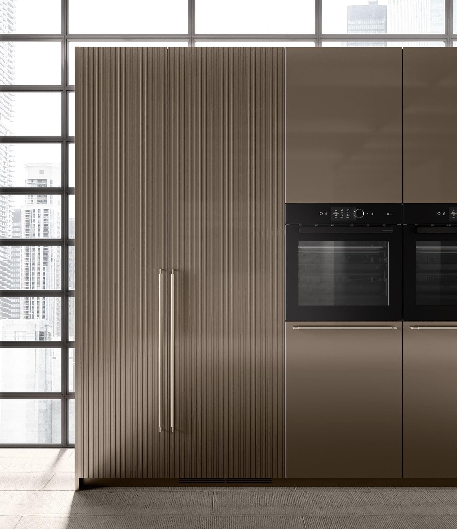 Modern kitchen cabinet with textured doors and built-in ovens, set against a large window.