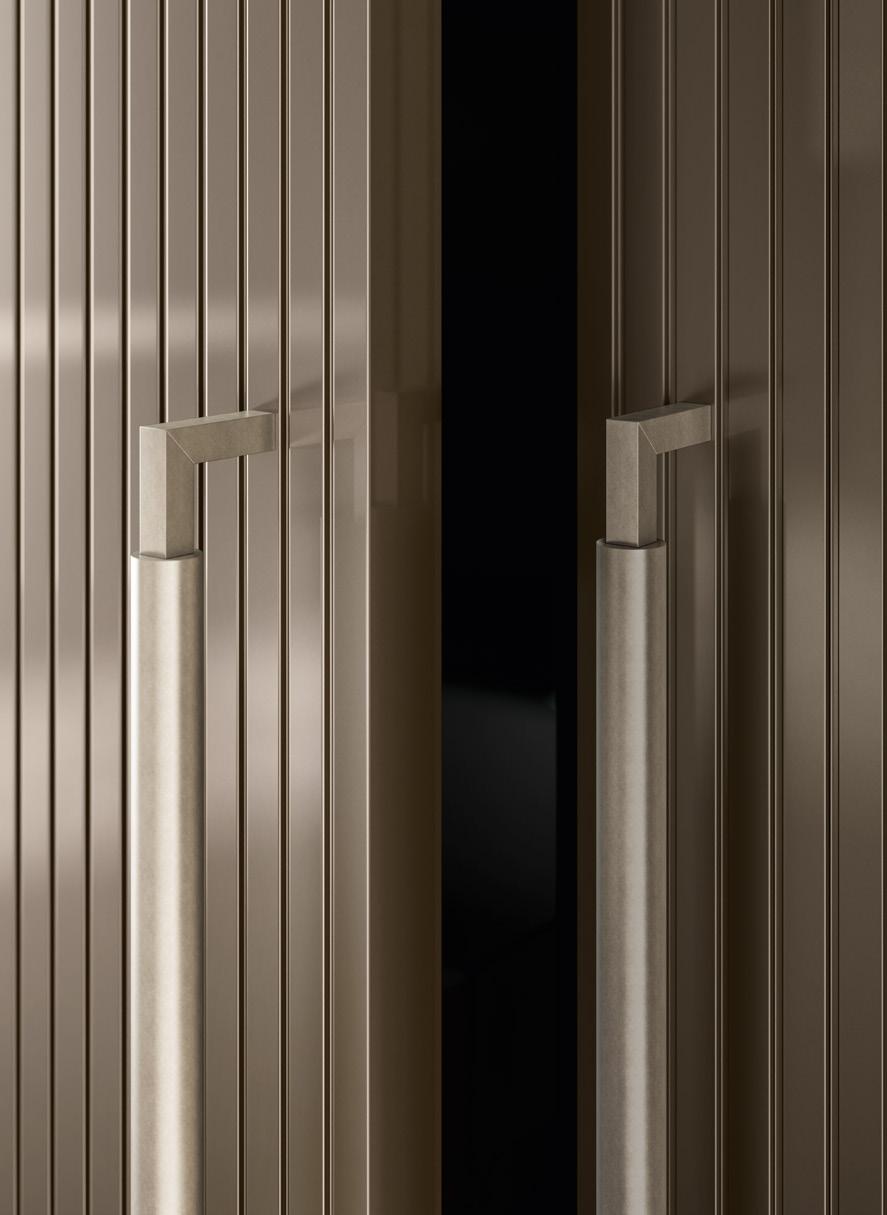 Close-up of partially open double doors with vertical grooves and square metal handles.