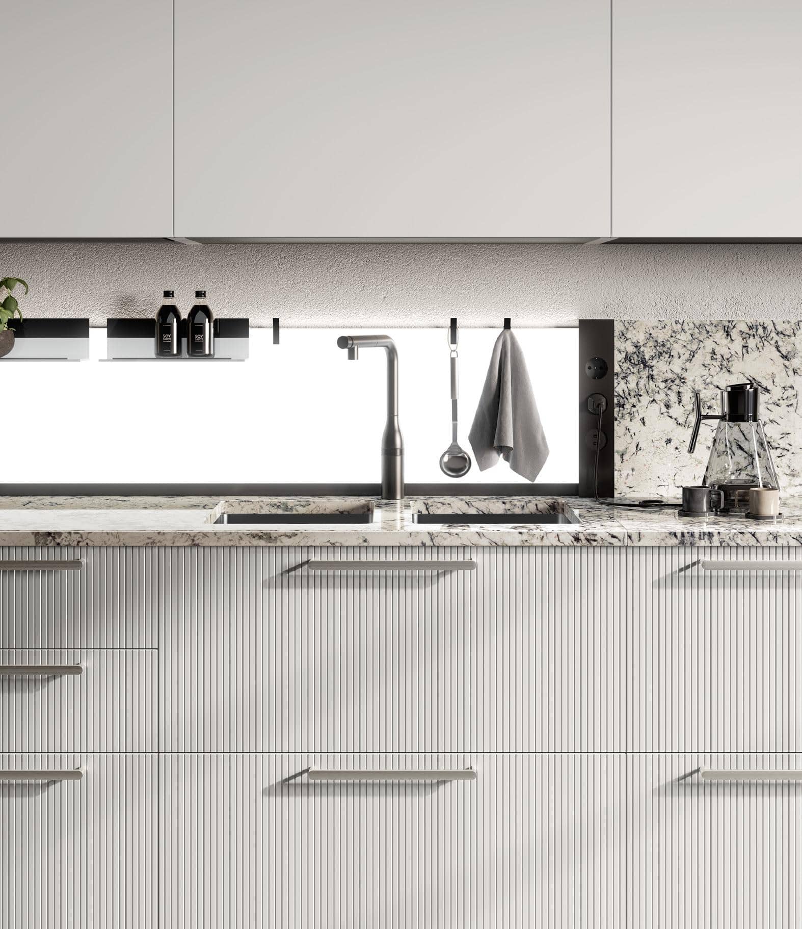 Modern kitchen with textured cabinetry, marble countertop, and backsplash. Features a sleek faucet, hanging utensils, and various kitchen items.
