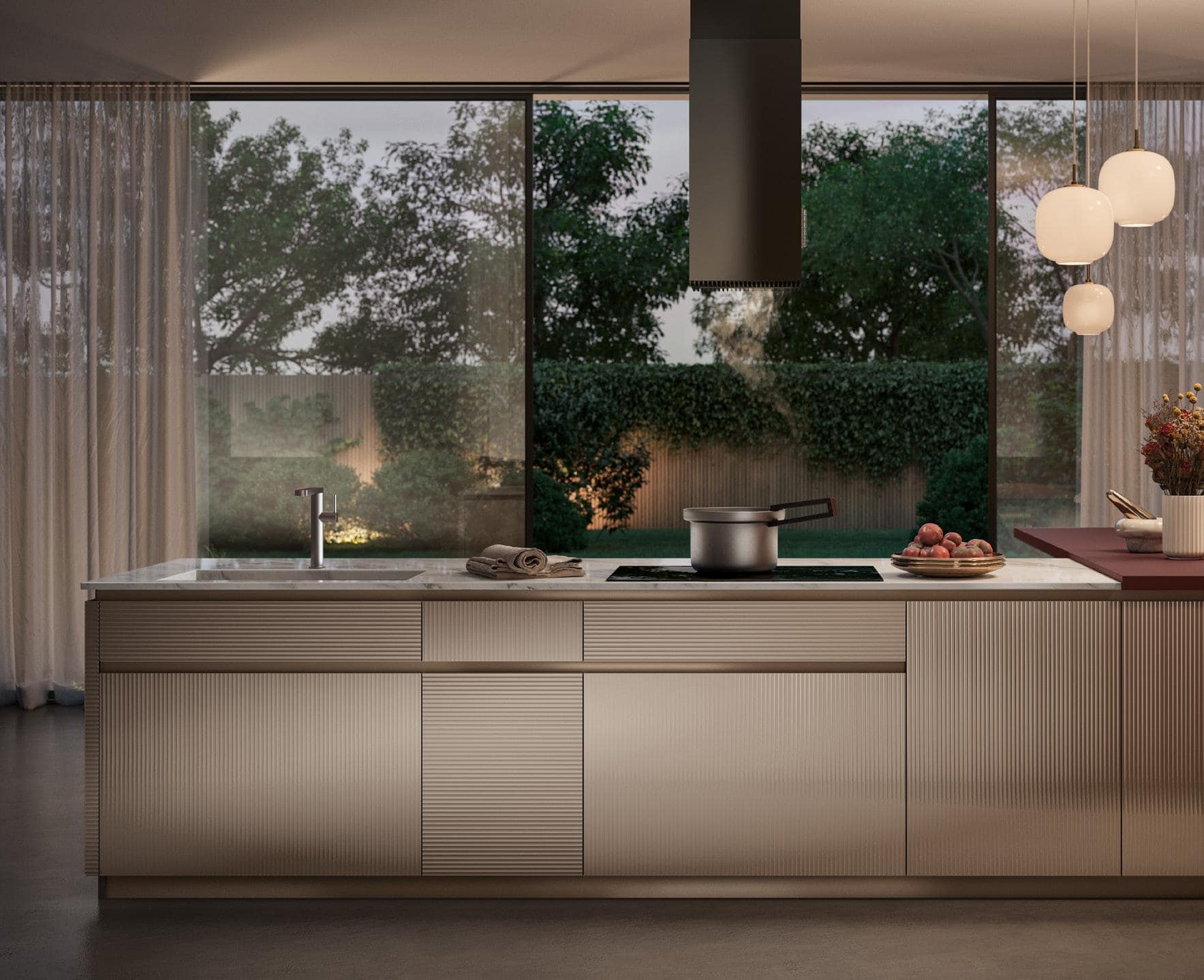 Modern kitchen interior with a large window view, featuring a central island with a sink, stovetop, and a pot, surrounded by elegant cabinetry and pendant lights.