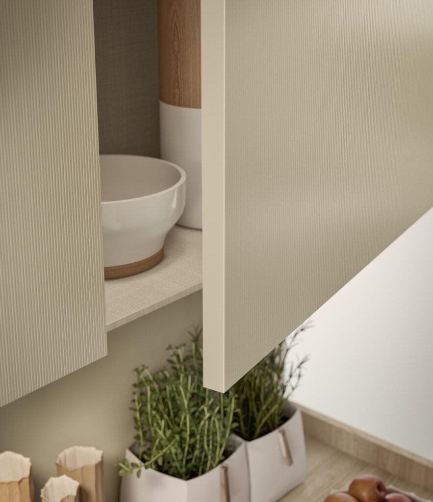 Close-up of a kitchen shelf with a ceramic bowl and jar, with herbs in paper bags below.