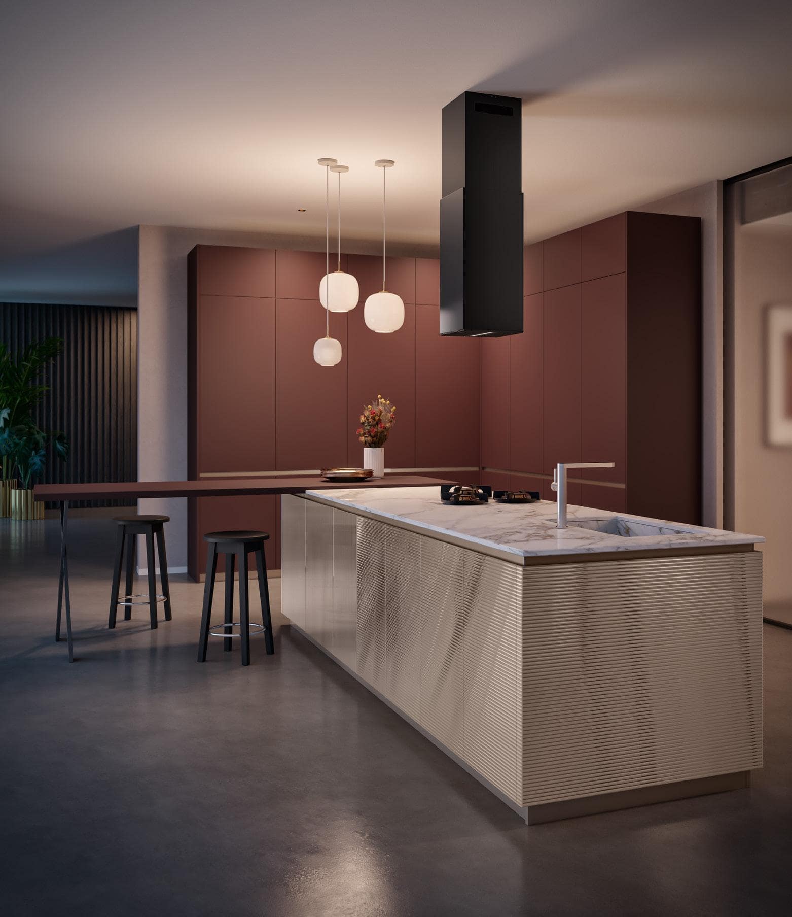 Modern kitchen with a marble island, sleek brown cabinetry, pendant lights, bar stools, and a black ceiling-mounted range hood.