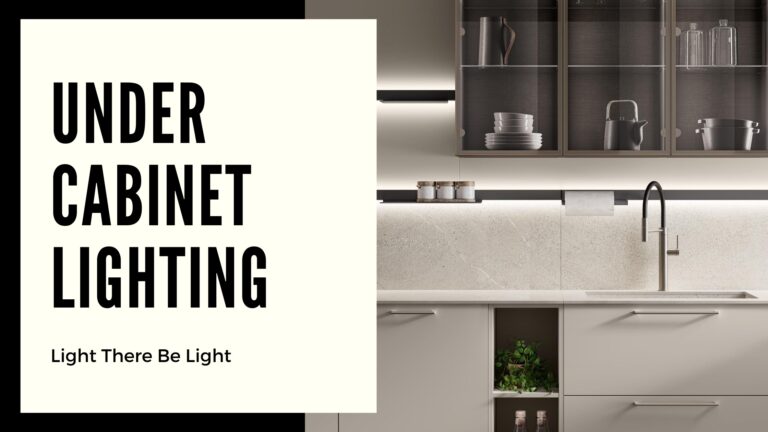 A kitchen with under-cabinet lighting illuminating a countertop, featuring neatly arranged cabinets above and a modern faucet with a sink below. The text "Under Cabinet Lighting" and "Light There Be Light" is displayed on the left.