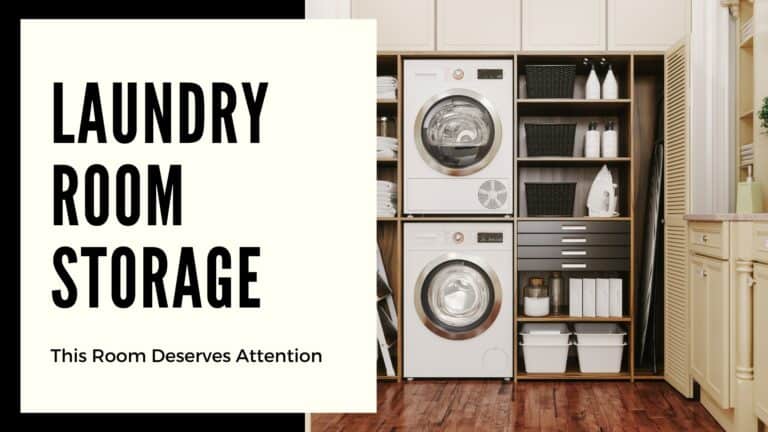 A modern and organized laundry room featuring stacked white washer and dryer units surrounded by wooden shelves holding baskets, bottles, and an iron. The left side of the image displays the text "Laundry Room Storage" and "This Room Deserves Attention."