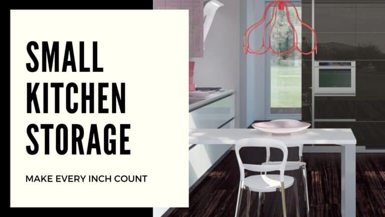 A kitchen interior with modern white furniture, including a table and a chair, beneath a decorative red chandelier. The image includes text reading "Small Kitchen Storage: Make Every Inch Count."