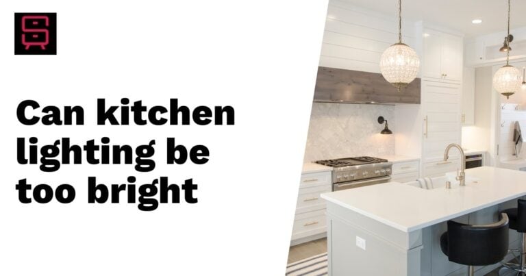 A modern kitchen with bright lighting, featuring white cabinetry, a marble backsplash, a center island with bar stools, and pendant lights. Text reads, "Can kitchen lighting be too bright."