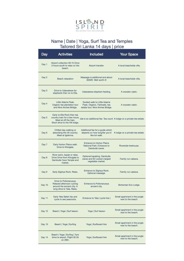 Yoga, surf, tea and temples pre deposit itinerary 14 days Sri Lanka