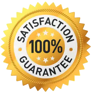 Gold badge with text "Satisfaction Guarantee 100%" and stars.