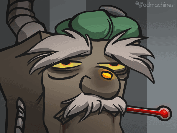 Cartoon character with a green cap, white bushy eyebrows, and a mustache. It has an orange nose and a red thermometer in its mouth, appearing tired or ill.