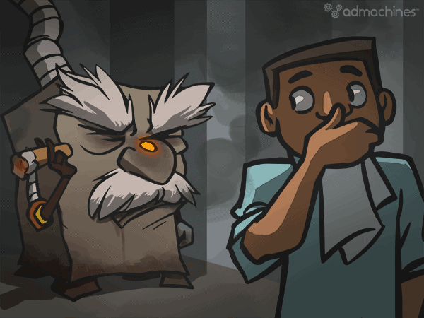 Cartoon of a person with a tissue covering their nose, standing next to a grumpy-looking furnace with facial features, in a dark room.