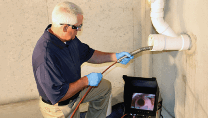 A technician in blue gloves examines plumbing pipes using a camera on a flexible rod connected to a monitor showing internal pipe footage.