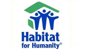 Habitat for Humanity logo with three blue human figures and a green roof outline above.