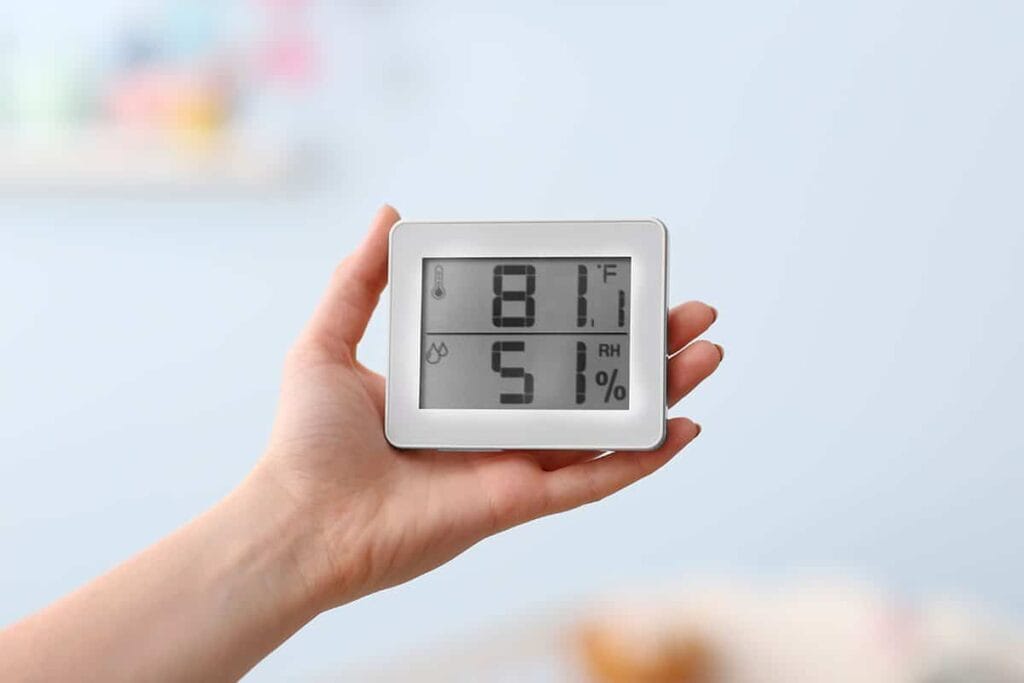 A hand holds a digital thermometer displaying 81°F and 51% relative humidity against a blurred background.