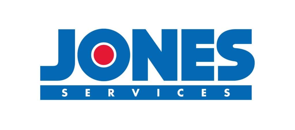 The image shows the logo for Jones Services. It features the word "JONES" in blue with a red dot inside the letter "O," and "SERVICES" is written below in smaller white letters on a blue background.