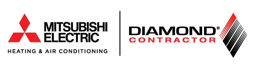 Logos of Mitsubishi Electric Heating & Air Conditioning and Diamond Contractor, featuring red and black text and design elements.