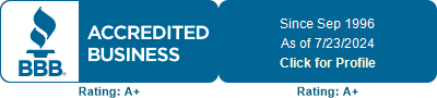 BBB Accredited Business badge, rated A+. Text includes "Since Sep 1996," "As of 7/23/2024," and "Click for Profile.