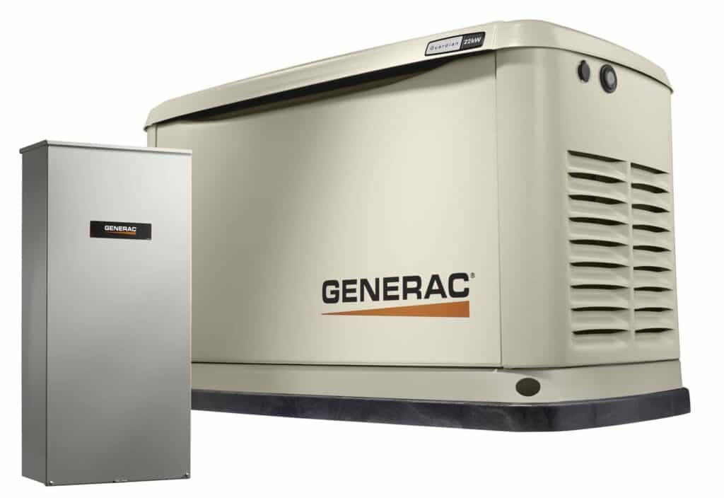 A large Generac generator with a beige housing next to a smaller, vertical, grey electrical panel.