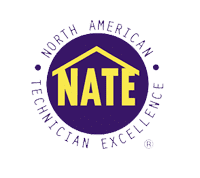 Circular logo with "North American Technician Excellence" around a house shape containing "NATE" in yellow letters on a purple background.