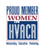 Logo with text: "Proud Member Women in HVACR" and "Networking. Education. Mentoring.