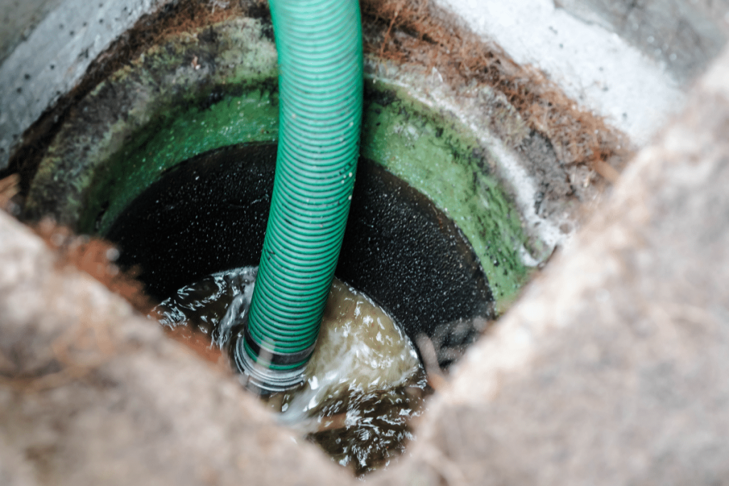 A green hose is inserted into an outdoor septic tank, pumping out murky water during a septic tank maintenance process. The concrete edge of the tank opening is visible.