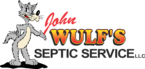 Cartoon gray wolf pointing to the words John Wulfs Septic Service LLC: John in red script, Wulfs in bold yellow-orange with red outline, and Septic Service LLC in black—perfect for your septic tank maintenance or Septic Service needs.