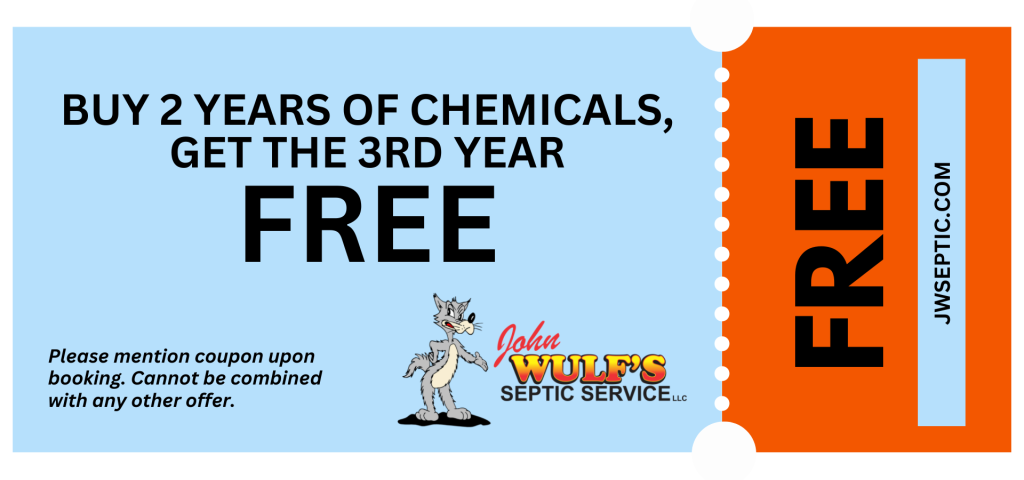 A coupon for John Wulfs Septic Service offering Buy 2 years of chemicals, get the 3rd year free. The word FREE is highlighted on an orange ticket. The company’s logo, a cartoon dog, and septic system service details are featured.