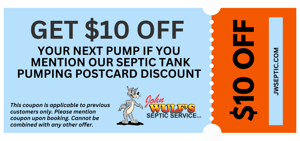 A blue coupon offering $10 off a septic system service or grease trap pumping from John Wulfs Septic Service. Instructions and conditions are printed, with a cartoon cat and the company’s logo included.