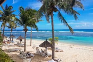 Plage paradisiaque en Guadeloupe avec sable blanc, cocotiers et eau turquoise